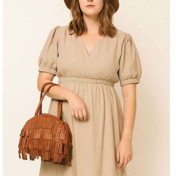 Anthropologie Brown Leather Shoulder Hobo Bag Fringe Studs Boho Western Cowgirl - Picture 1 of 11